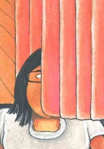 Drawing of a girl's face half covered by a curtain