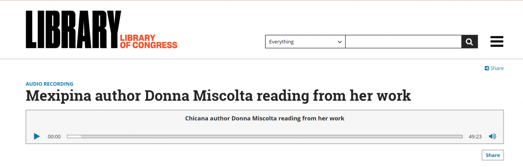 Library of Congress page that features recording of writer Donna Miscolta