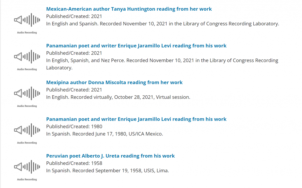 Excerpt from a list of authors on the Library of Congress PALABRA Archive