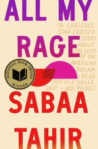 Book cover for All My Rage by Sabaa Tahir, purple and red letters on beige background