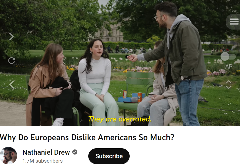 Still from video on Europeans thinks of Americans