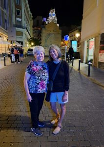 Two Filipina American women in a Madrid street at night