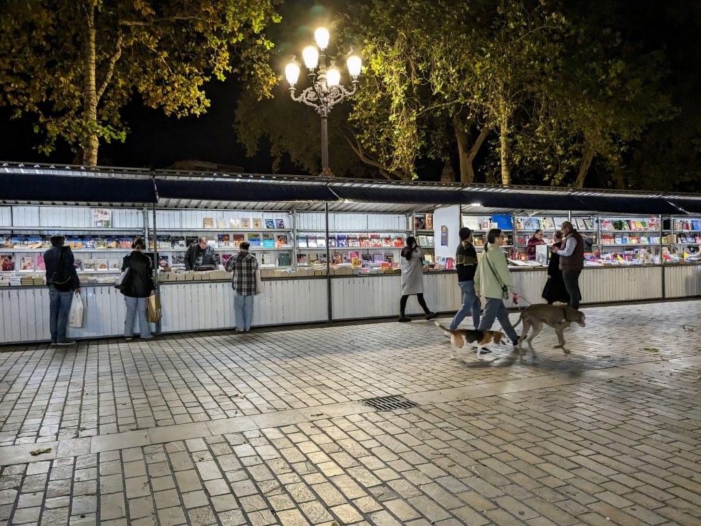 People browsing at outdoor book stalls at night