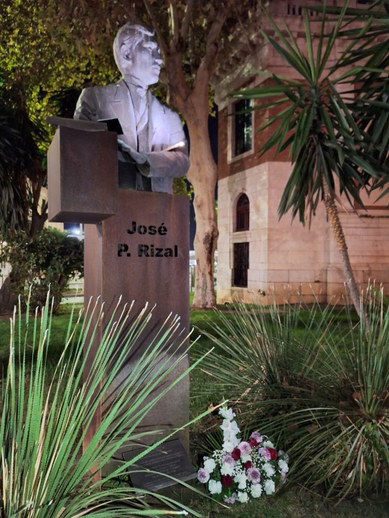 Statue of Jose Rizal in Malaga Spain at night