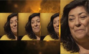 Repetition of headshot photos of a Spanish woman in a yellow dress