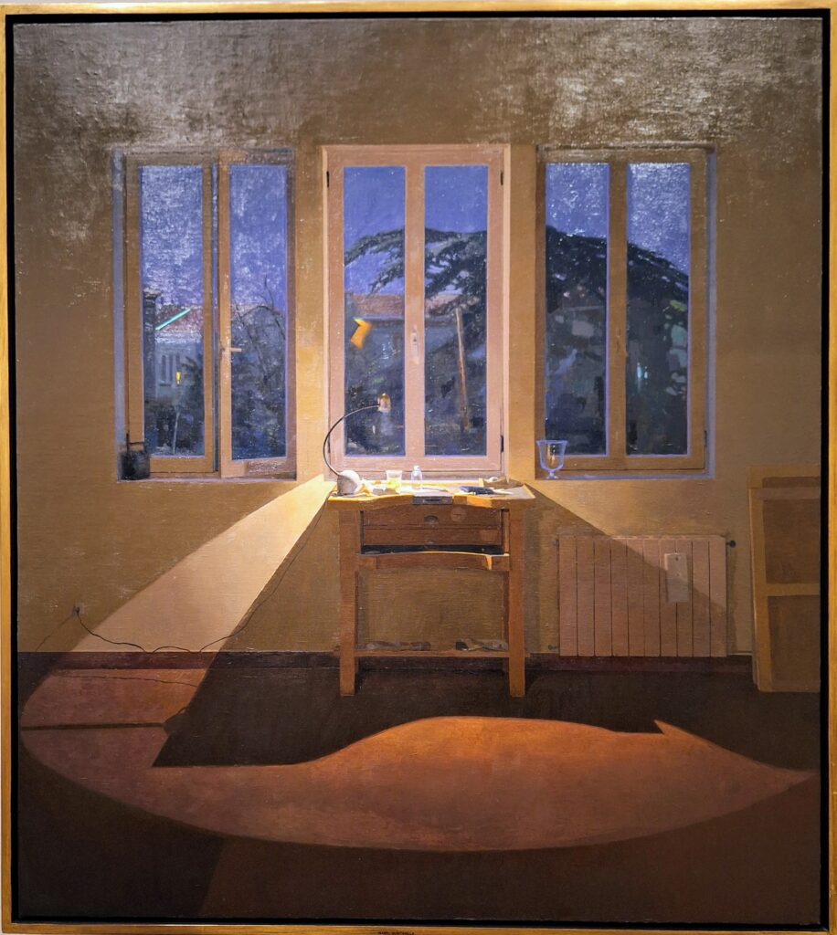 Painting of a room with light coming through the windows to illuminate the top of a desk