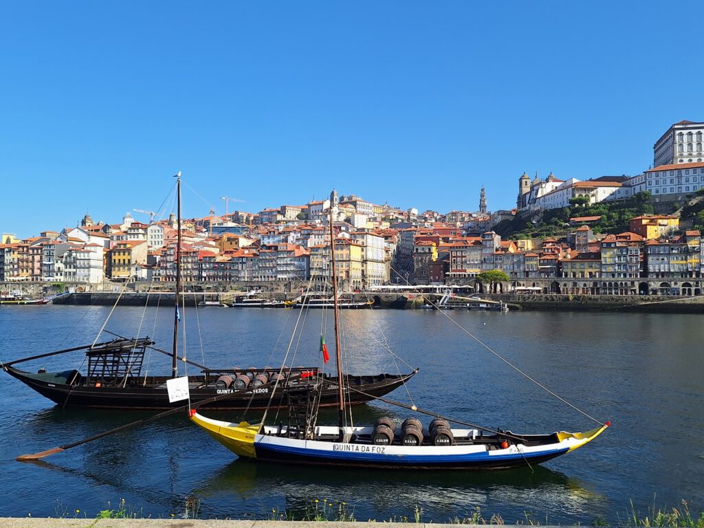 Small boats in the River Douro in Porto, Portugal