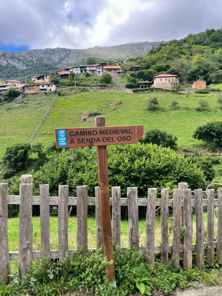 Sign that reads Camino Medieval A Senda Del Oso in Asturias, Spain