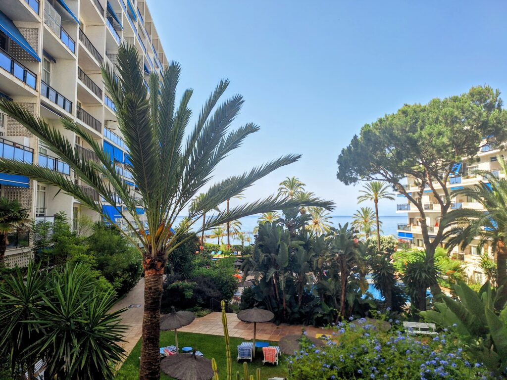 View of a garden, a glimpse of swimming pools, and beyond is the sea.
