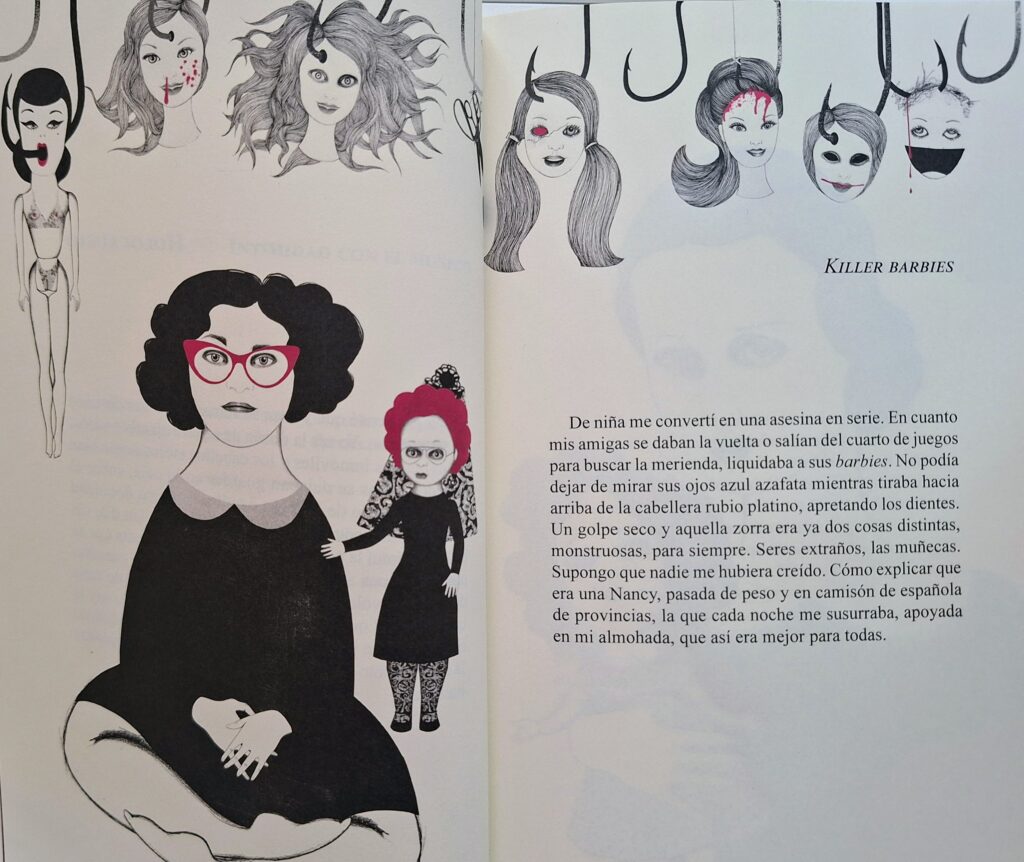 Page from a book of flash fiction in Spanish by Patricia Esteban Erles. The page contains the text on the right and across the page illiustrations of Barbies that have been killed. 