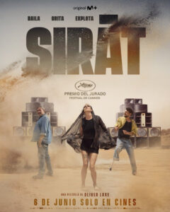 Poster for the movie Sirat showing a woman in a short black dress and a lacy veil dancing in the desert. A man stand behind her on the lft watching her and another man on the right also dances.