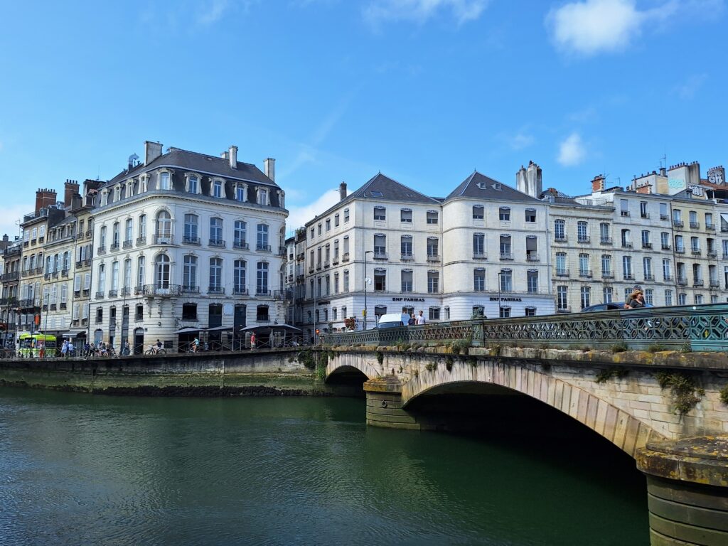 Bridge over a river and centuries-old buildings in Bayonne, France