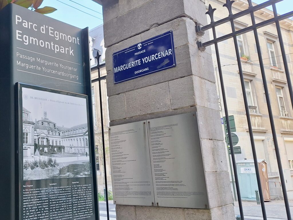 Sign in a Brussels courtyard with the name of Belgian author Marguerite Yourcenar