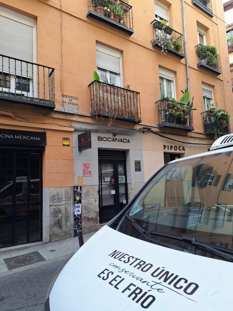 Madrid street showing the location of Bocanada, a trendy wine bar and eatery