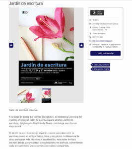 Webpage in Spanish about a creative writing class at the local library in Malaga, Spain