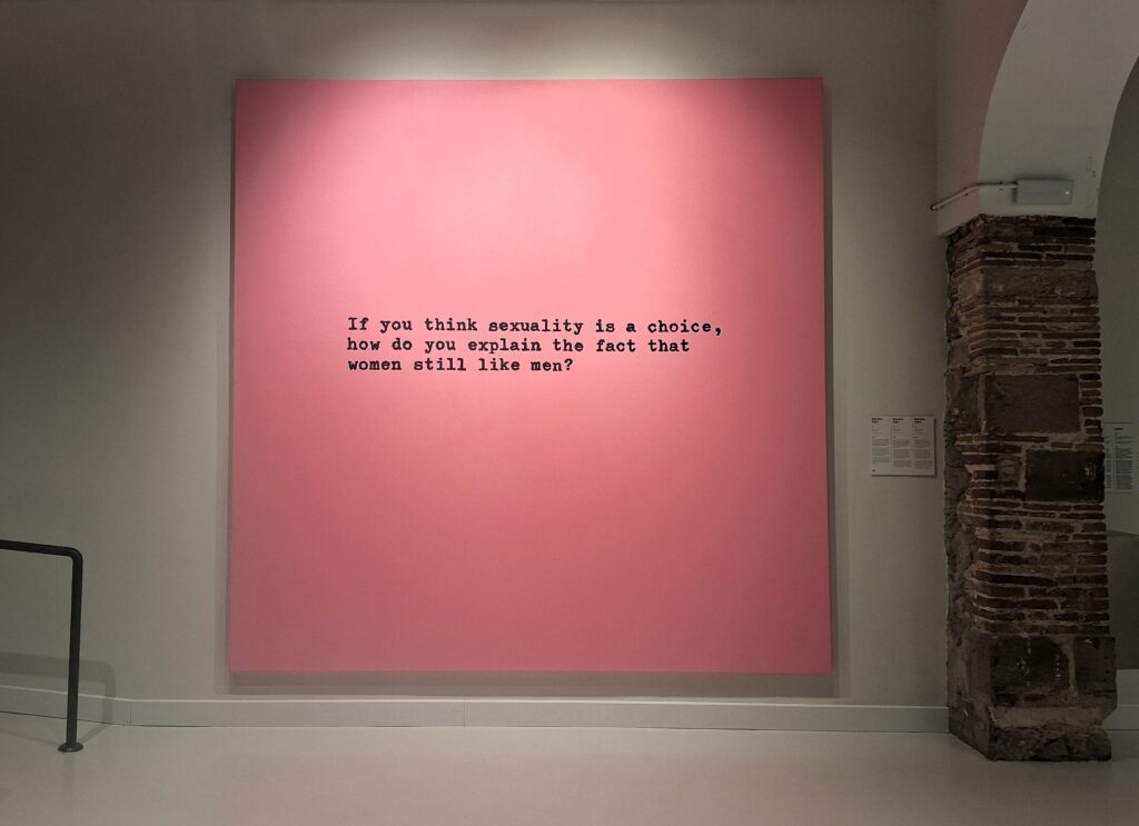 A large pink square with the question in black typewriter face that asks the question, If you think sexuality is a choice, hw do you explain the fact that women still like men?