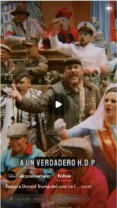 Photo from a video showing Spanish singers dressed in military uniforms and women in mantillas as well as musicians playing stringed instruments.