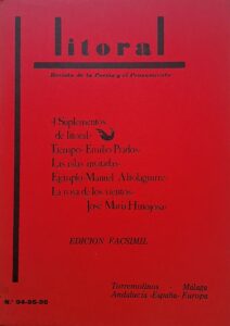 Red cover of a literary magazine called Litoral with the name and contributors in black ink.