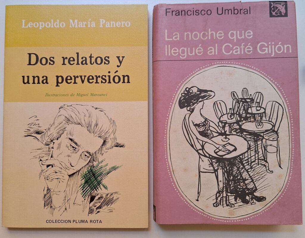 Two books side by side, the first one with a yellow cover and a line drawing of a man's face, the second with a pink cover with white lettering and a line drawing of a woman seated at a cafe table with several empty tables behind her. The books look to be from the 50s or 60s.