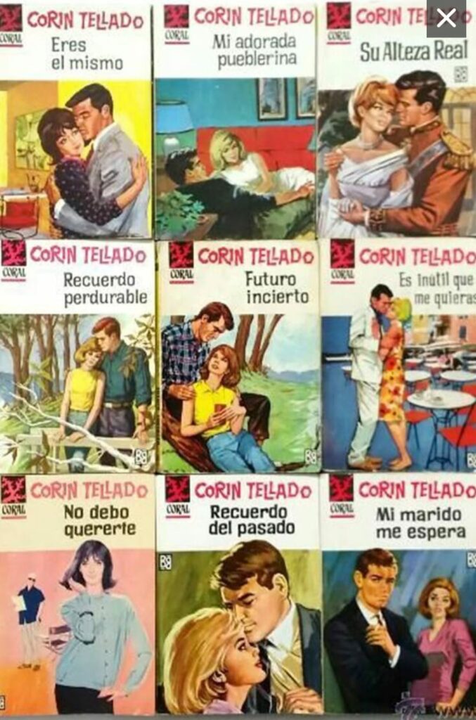 A collage of book covers of romance novels from the mid-twentieth century in Spain.