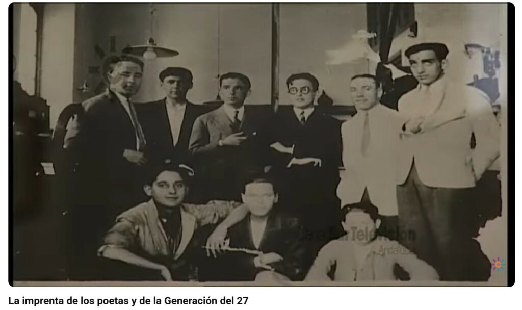 A black and white photo of nine poets from the late twenties in Spain.