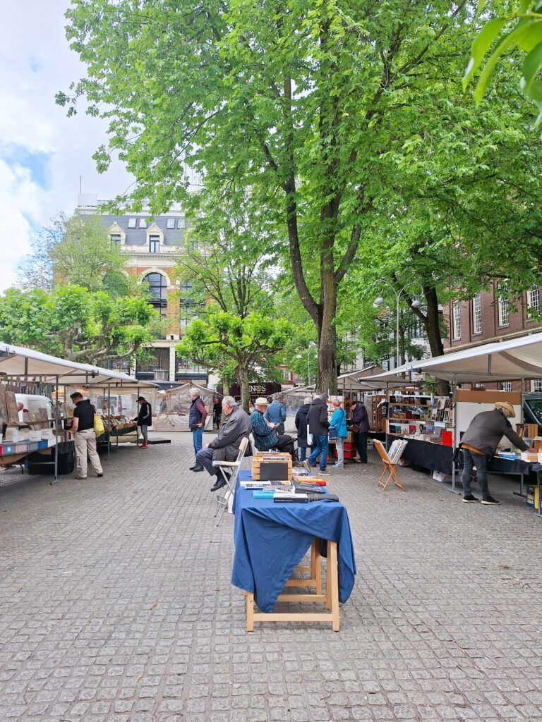 Outdoor book market with stalls on either side of the plaza and surrounded by trees.