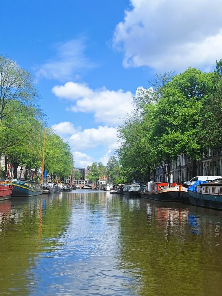 View of a canal in Amsterdam with boats on either side and trees lining the walk in fron of houses.