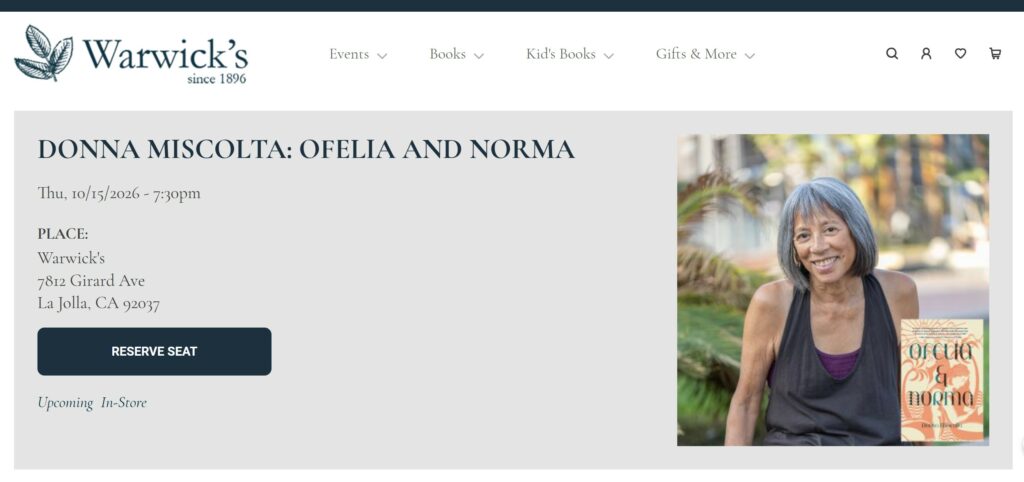 Announcement for a literary reading at Warwick's Bookstore in La Jolla, CA. Photo of author on right and details of the reading on the left.
